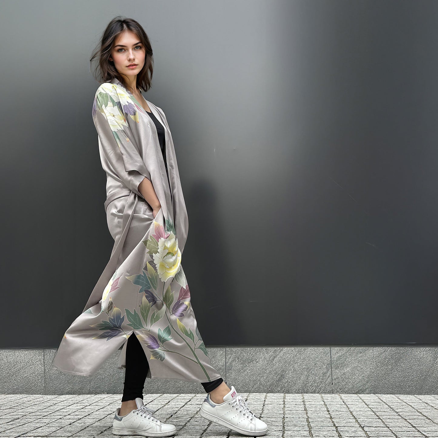 Premiere Silk Kimono - Botan Grey