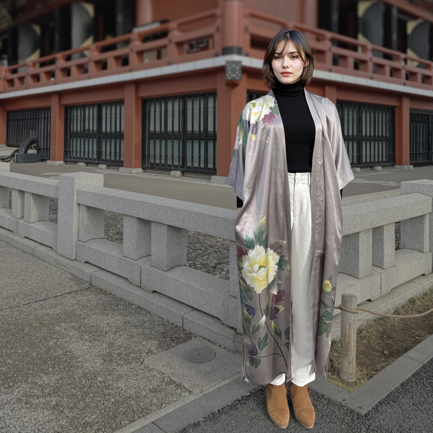 Premiere Silk Kimono - Botan Grey