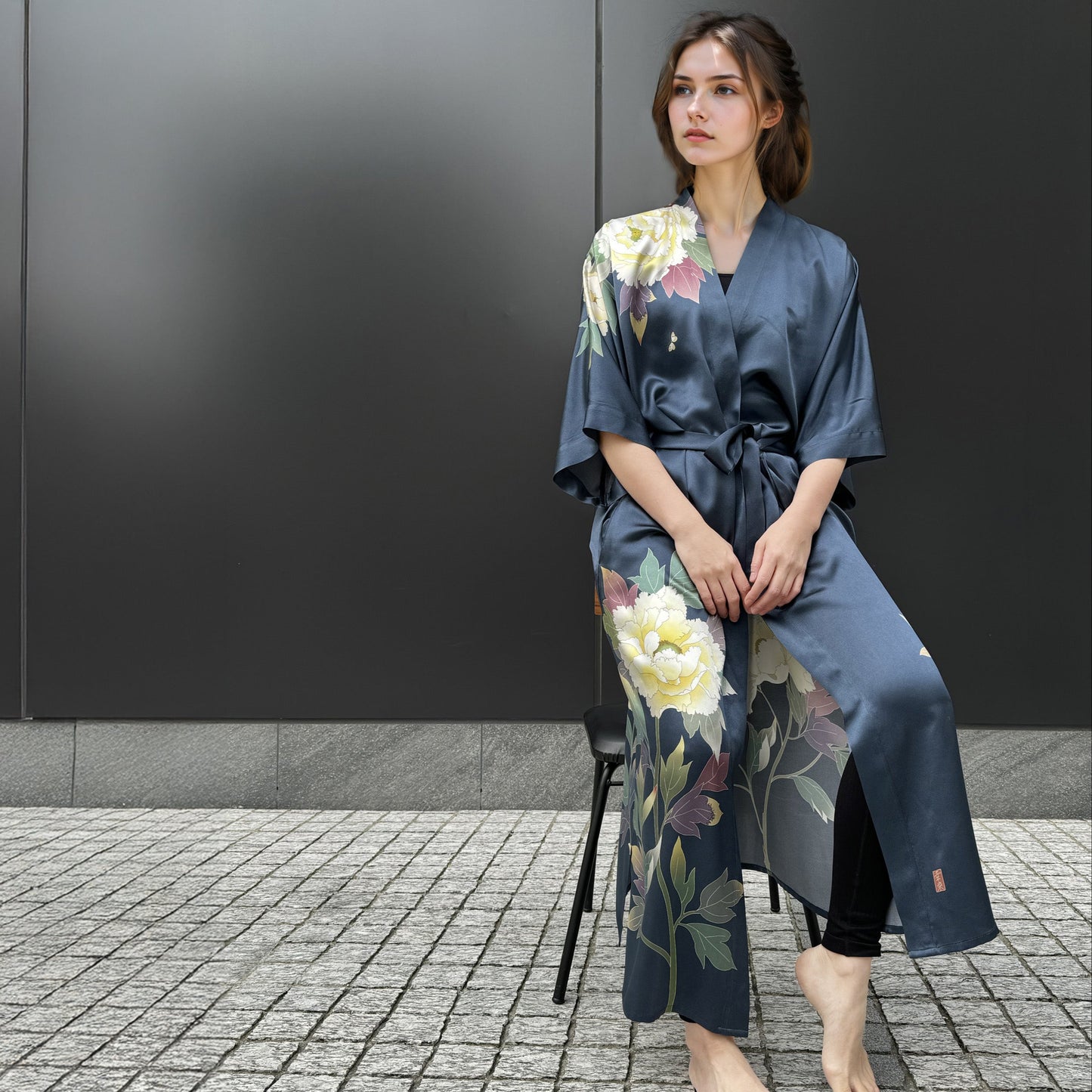 Premiere Silk Kimono - Botan Navy