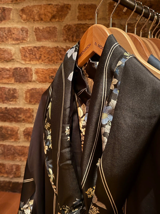 ALISA silk pieces with kimono-inspired floral print on a rack at Shibui Spa, The Greenwich Hotel