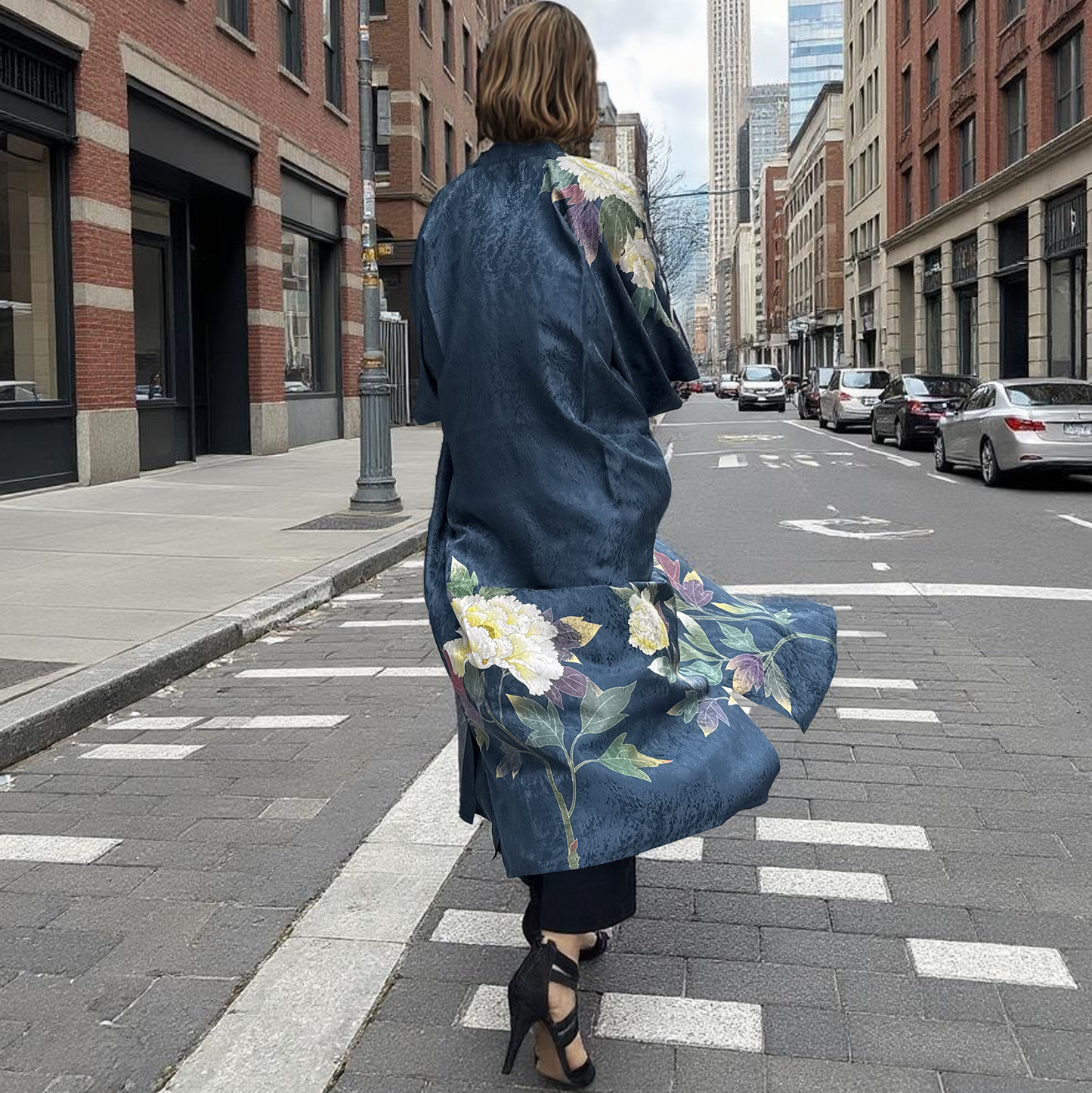 Premier Silk Kimono - Botan Navy