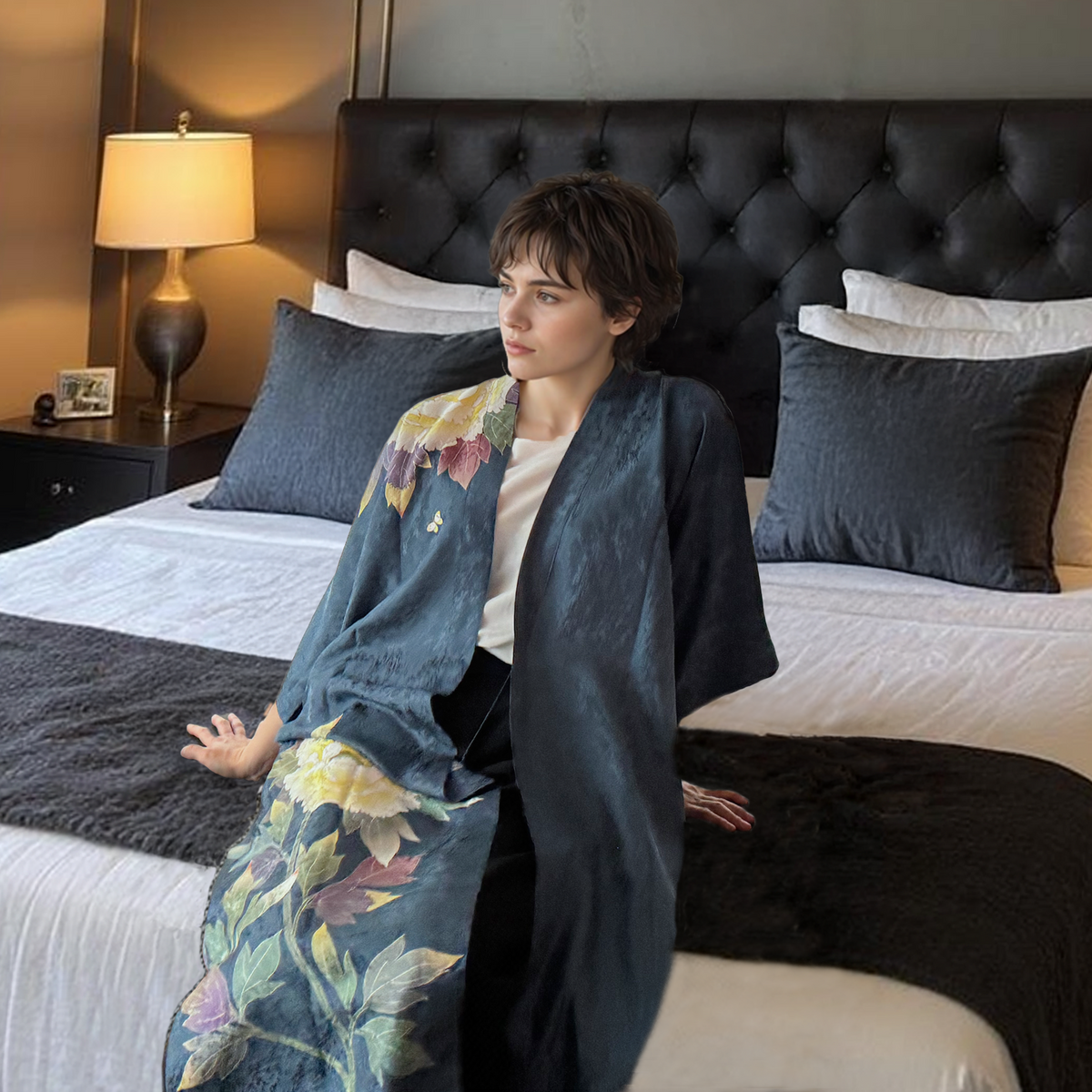 Botan Navy silk kimono robe with peony motif, worn seated on a hotel bed with a tufted headboard