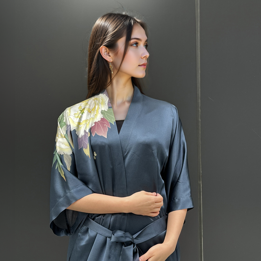 Premiere Silk Kimono - Botan Navy